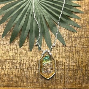 Vintage Iridescent Pendant Necklace/ Silver Chain and Yellow Gold Tone Pendant